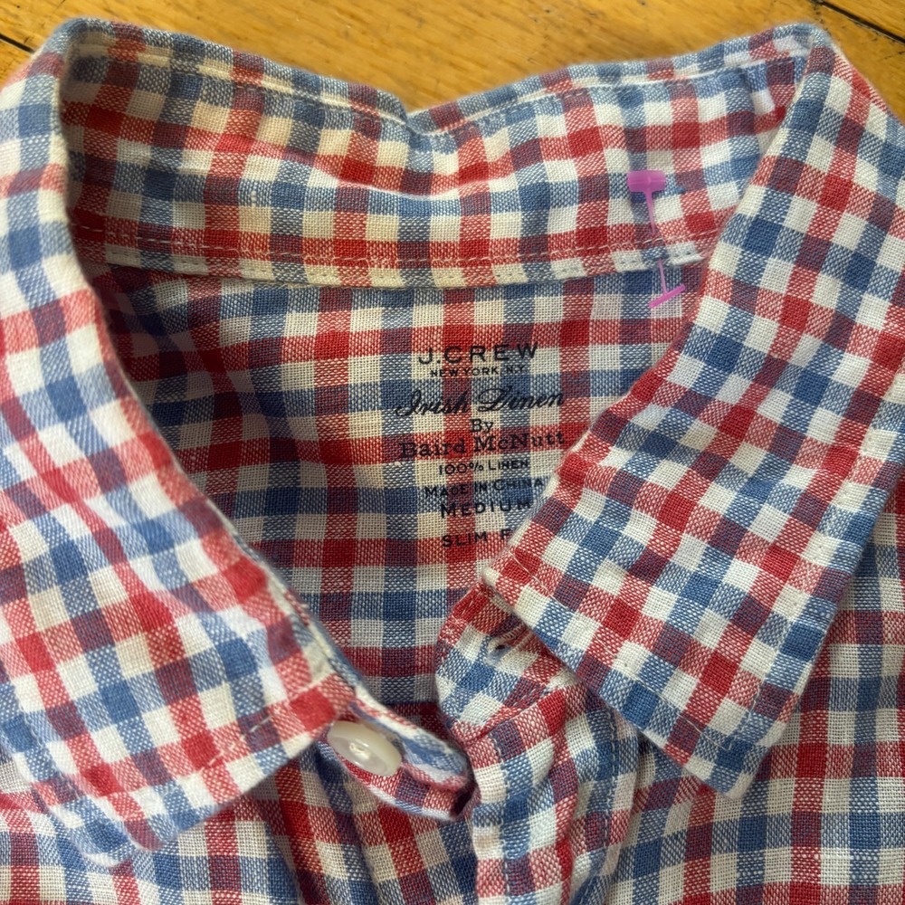 JCrew Irish Linen Shirt Baird McNutt Mens M Slim Fit Plaid Red Blue - Picture 2 of 6